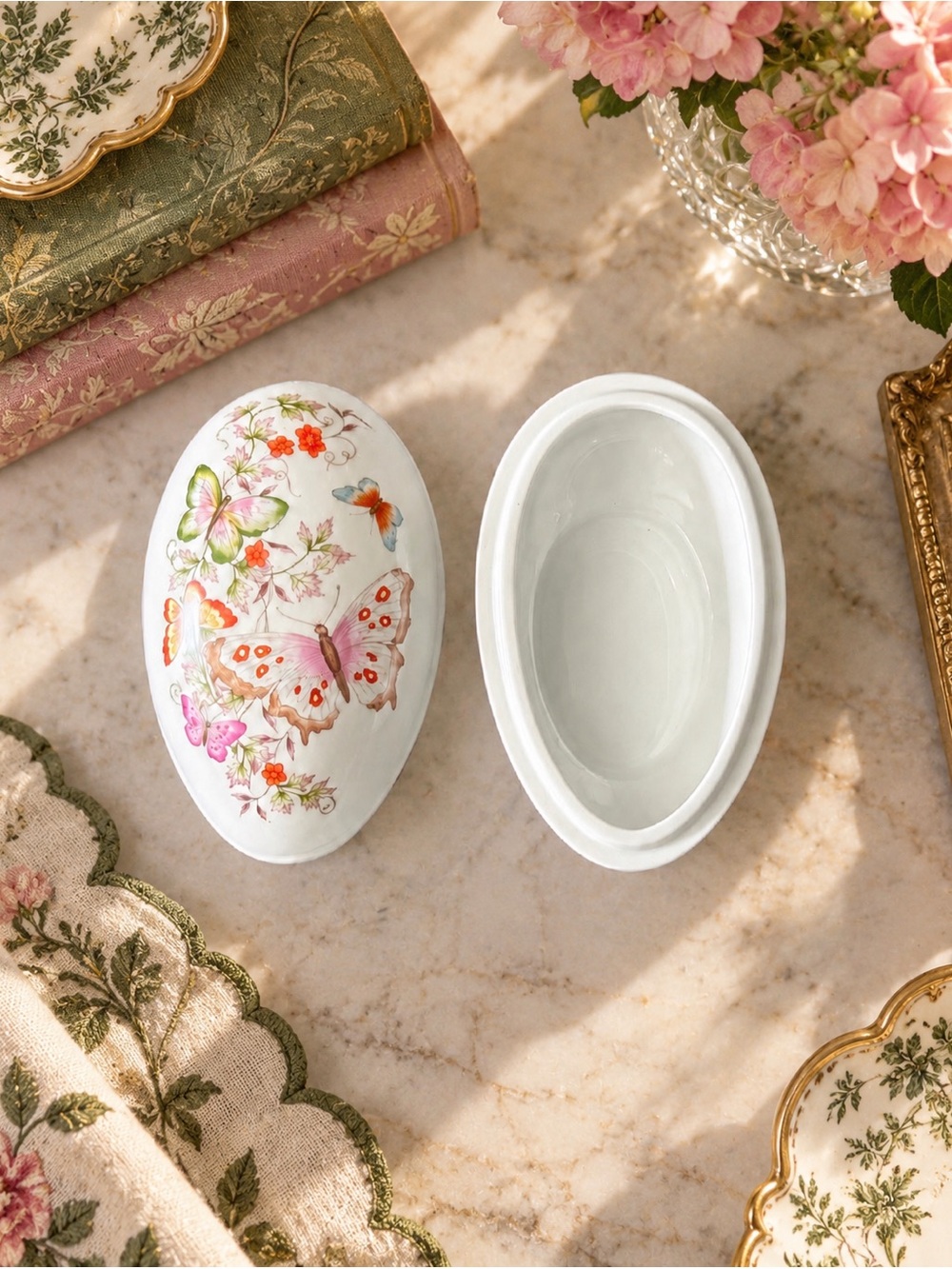 Avon Butterfly Floral Porcelain Trinket Box - Oval